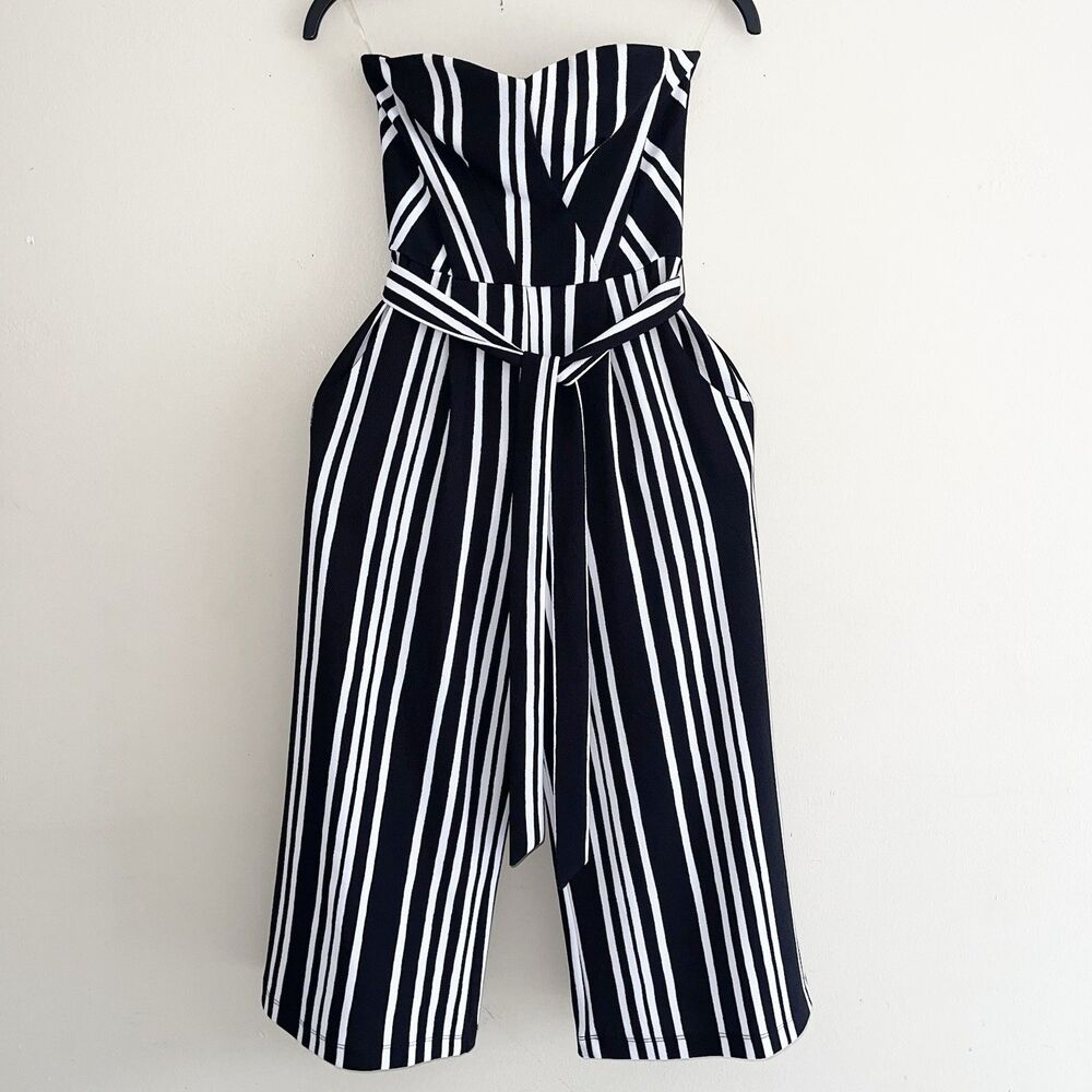 Stillettos Wide Leg Strapless Jumpsuit S Black White Striped Belted Pockets